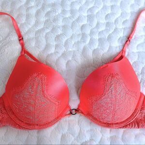 32B Victoria Secret Bombshell Lace Plunge Push Up Bra Orange Strappy Lace
